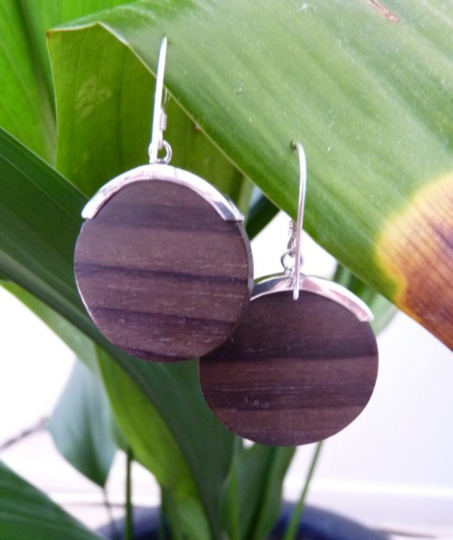 Polished wooden earrings with silver hook image 2